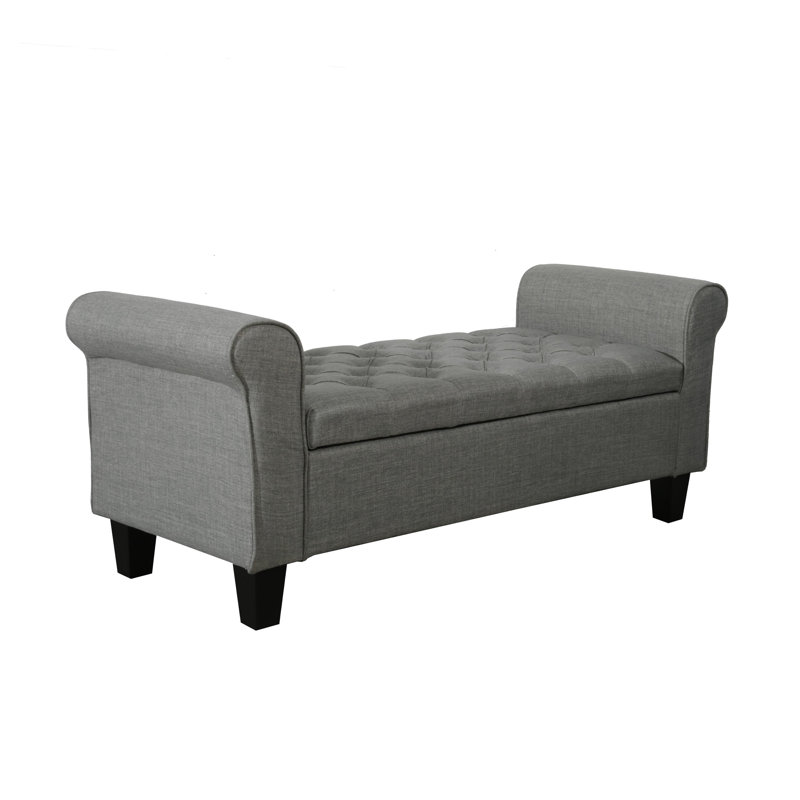 Claxton 50 Inch Contemporary Button Tufted Upholstered Storage Bench with Flip Top, Rolled Arms, Soft Close Hinges, Dark Gray