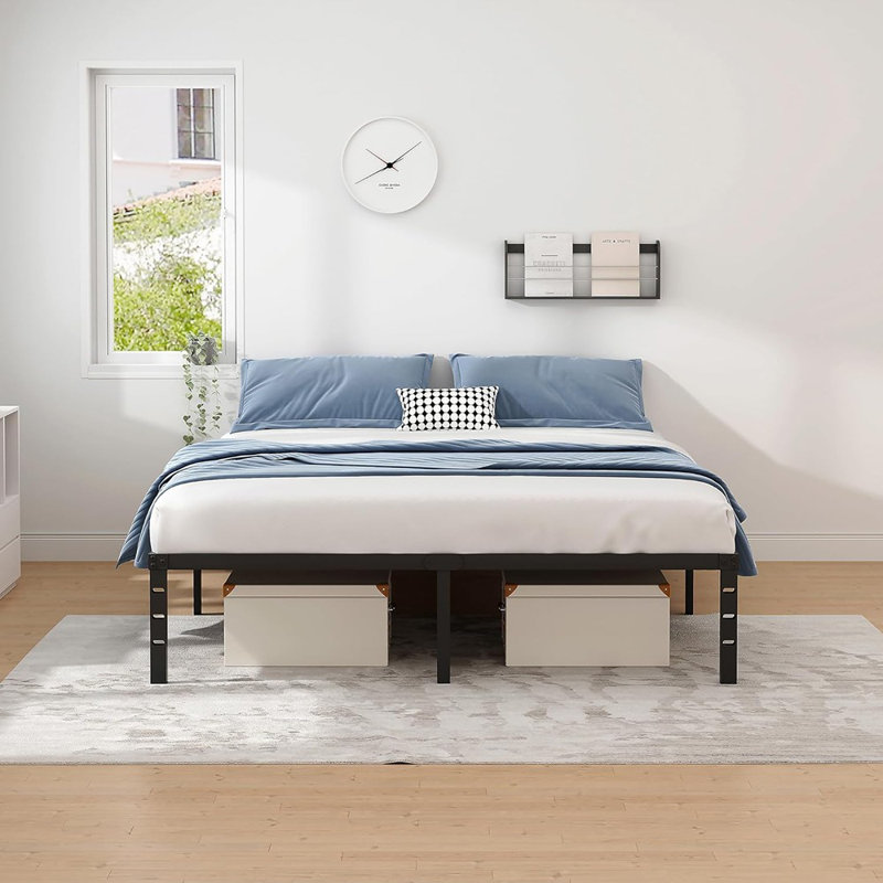 Metal Bed Frame,Queen Size Bed Frame With Storage Space,Heavy Duty Sturdy Mattress Foundation,Easy Assembly,No Box Spring Needed, Black,14 Inch,Queen