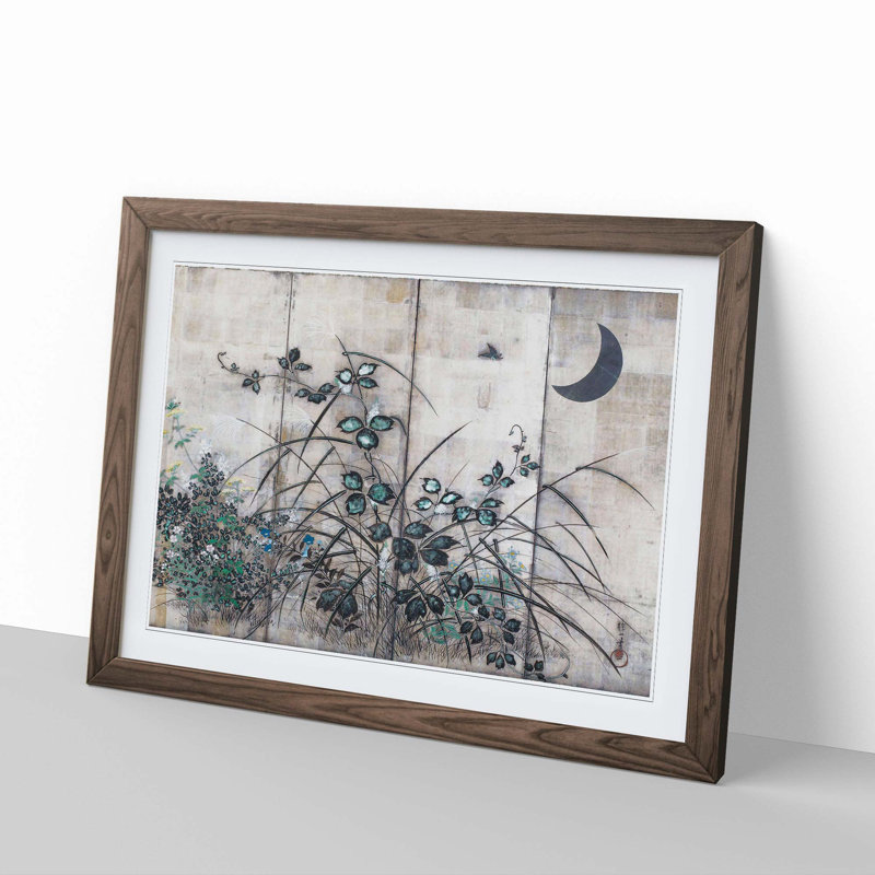 Moon & Autumn Grasses by Sakai Hoitsu - Picture Frame Painting Print, Walnut Framed, 36cm H x 48cm W x 2cm D