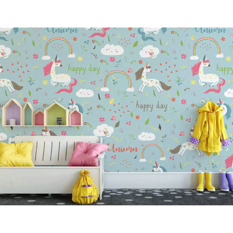 Caricature de papier peint texturé amovible licorne arc-en-ciel pour enfants, l 112 po x L 75 po