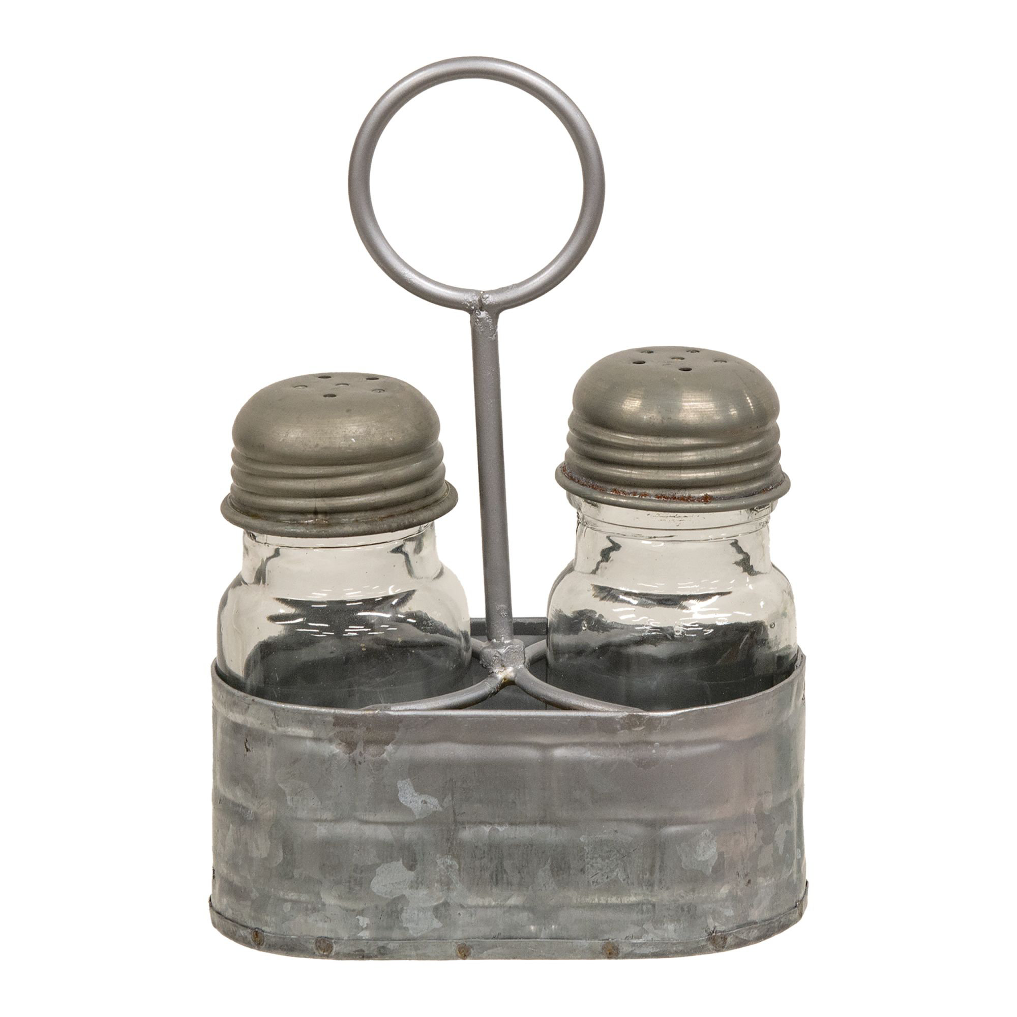 Salt+and+Pepper+Caddy+With+Ring+Galvanized+Metal+Weave+Includes+Shakers for  sale online