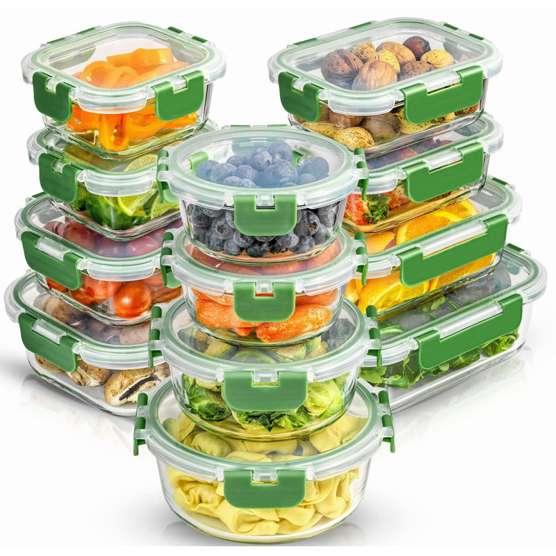 JoyFul 24-Piece Bright Green Glass Storage Containers with Leakproof Lids