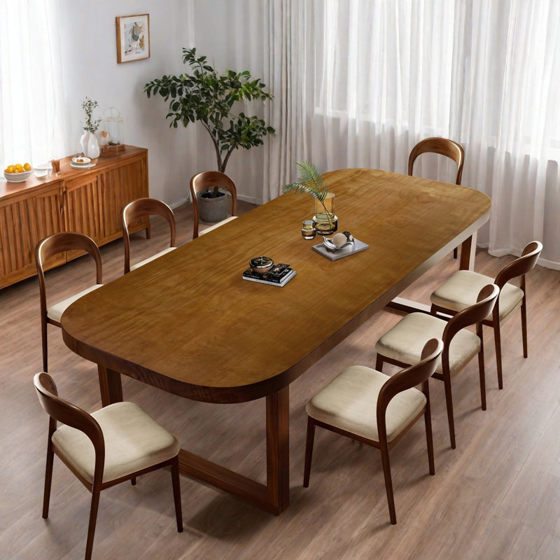 Brown rectangular solid wood dining table set with upholstered solid wood chairs, 9