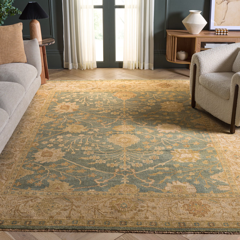 Oushak Oriental Hand-Knotted Wool Medium Blue/Green Area Rug, Rectangle 8' x 10'