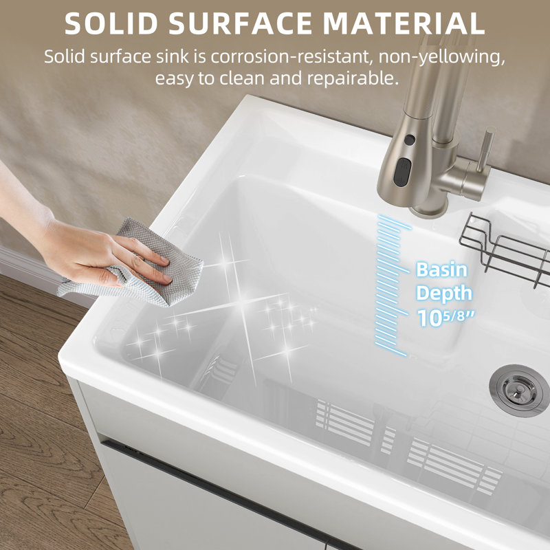 Freestanding 30'' Light Grey Laundry Sink Cabinet with Hot & Cold Water Faucet Drop-in Solid Surface Utility Sink