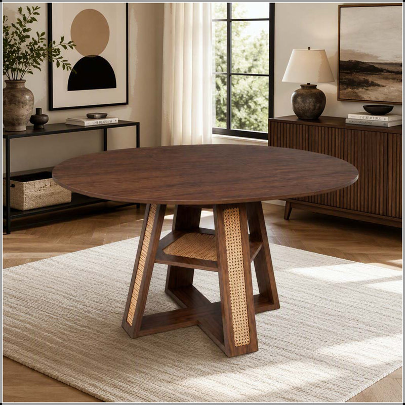 Table de salle à manger extensible ronde avec base en forme de croix et rangement, Noyer