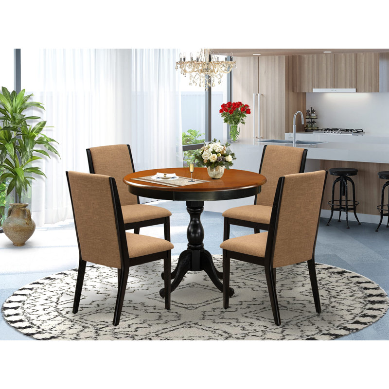 5-Piece Dining Room Set Contains a Round Dining Table and 4 Light Sable Linen Fabric Upholstered Dining Chairs with High Back - Black Finish