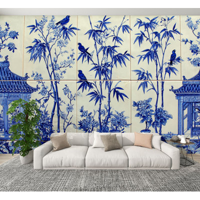 Chinoiserie Peel and Stick Wallpaper Serene Oriental Courtyard Bamboo Peonies Wall Murals 100"H x 144"W Removable PVC Wall Paper Self-Adhesive Wall Decor for Bedroom Living Room Home Office
