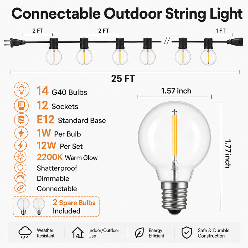 25FT 12-Bulb Outdoor Plug-in Globe LED String Light Shatterproof Connectable Soft Warm Glow