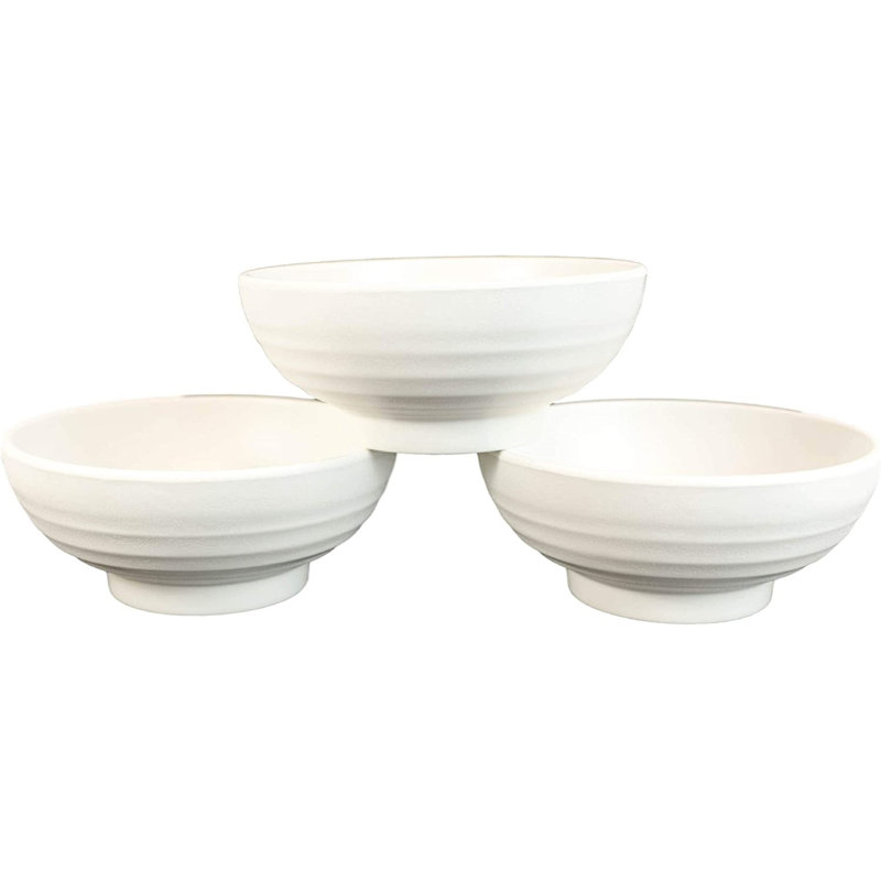 Ebros Pack Of 6 Contemporary Round Ridged 7.5"D Matte White Jade Melamine Ramen Salad Pho Pasta Soup