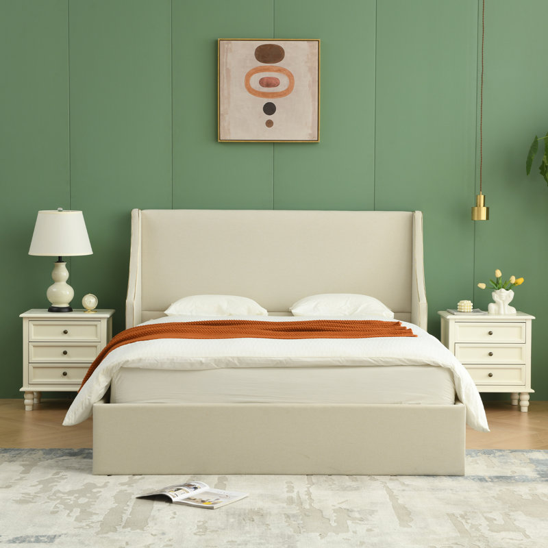 Lit plateforme tapissier avec rangement Linvel, Double, Mélange de lin blanc
