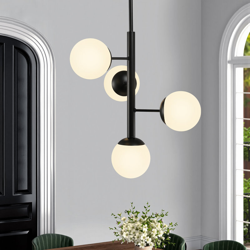 4 - Light Dimmable Modern Linear Sputnik Chandelier with Glass Shade, Matte Black
