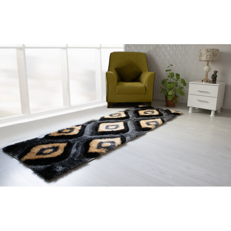 Tapis en polyester noir / gris / beige Demetres, Tapis de couloir de 2 pi x 7 pi
