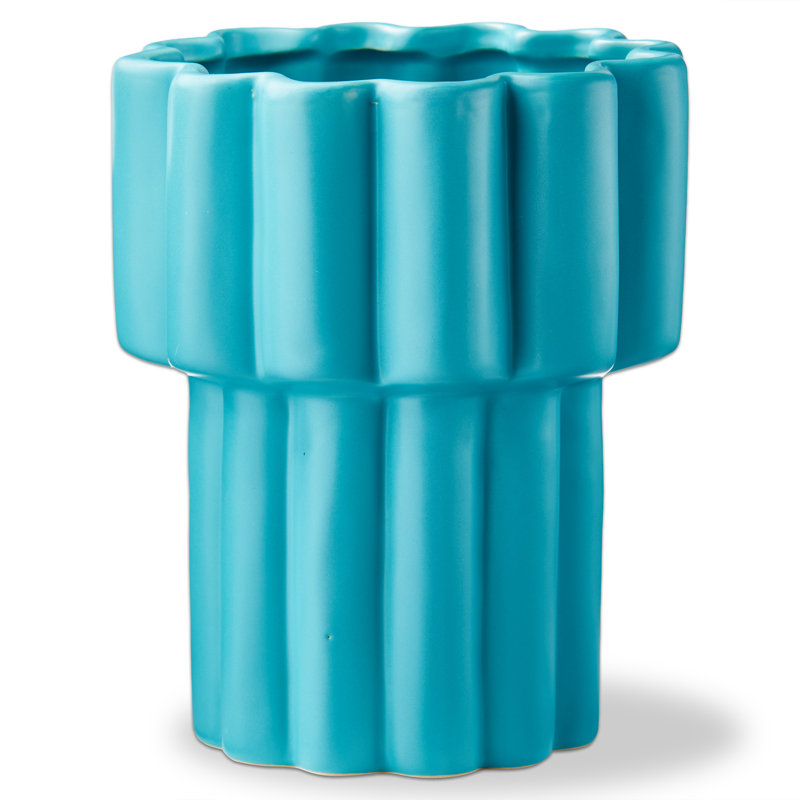 Teal Scallop Tall Stoneware Planter with Drainage