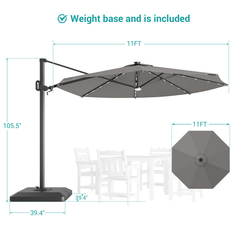 Parasol en porte-à-faux à DEL 11 pi - Confort extérieur amélioré avec rotation à 360 ° et angles réglables, Grey