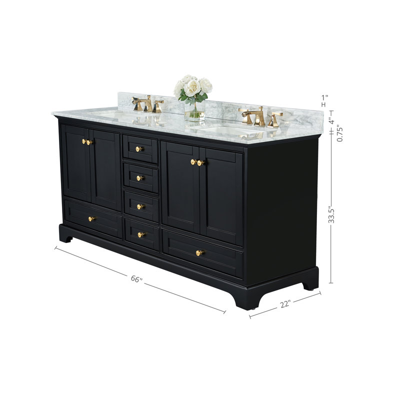 Audrey 66'' W Double Vanity, Carrara White, Black Onyx | Brushed Gold