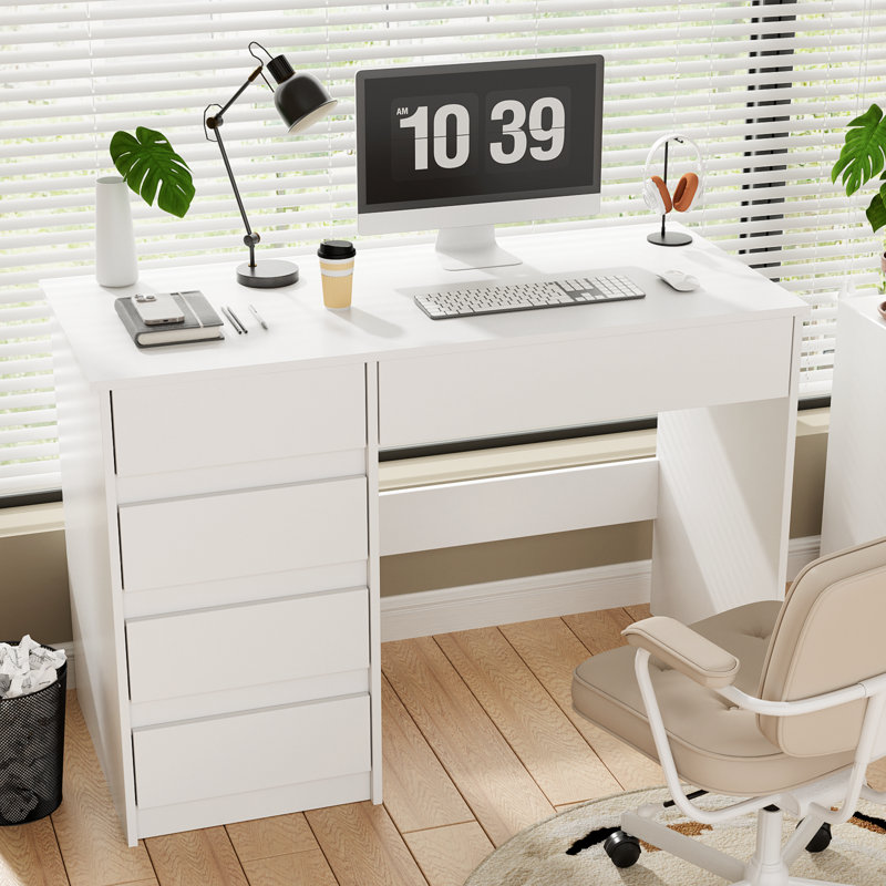 Bureau d'ordinateur à 5 tiroirs, bureau rectangulaire avec rangement pour la maison et le bureau (blanc), Blanc