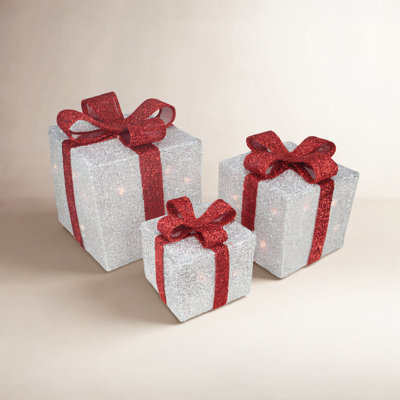 Silver Tinsel Lighted Gift Box Set