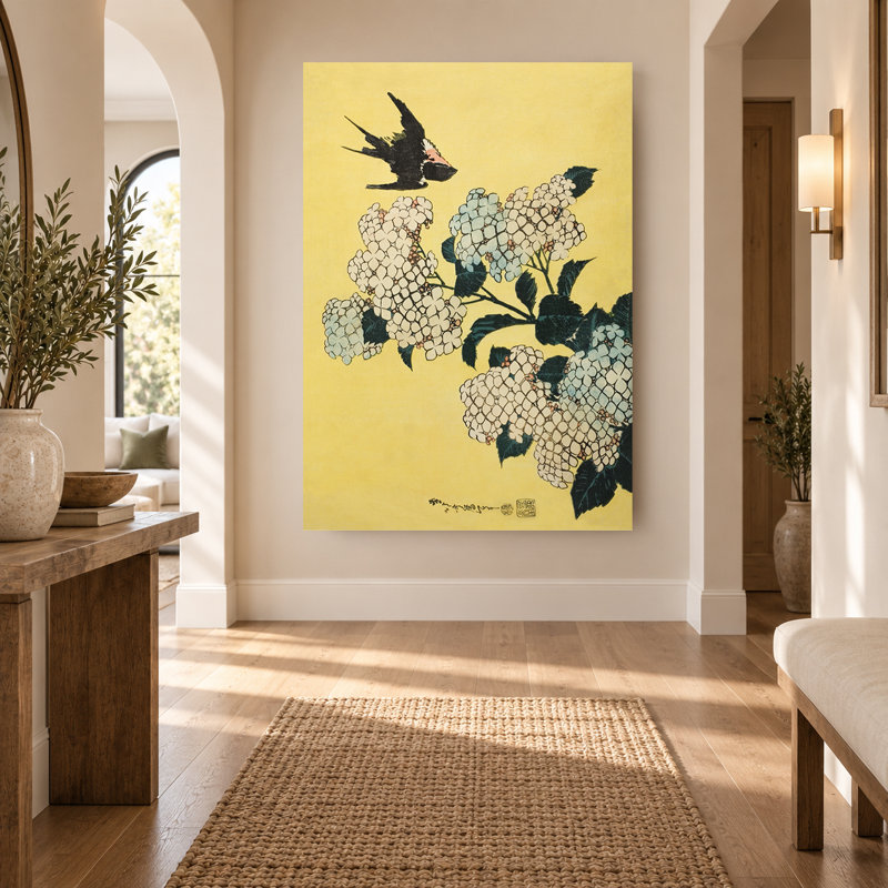 Art mural rétro sur toile, hortensia et oiseau, H 30 po x l 20 po