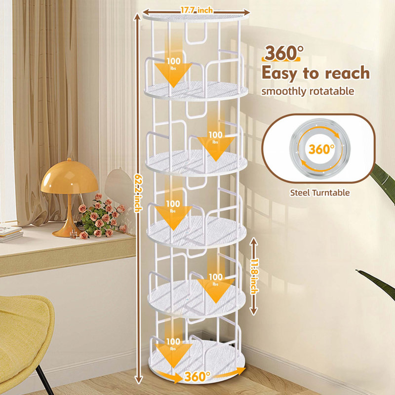 5-Tier 360° Rotating Bookshelf Tower (White), White