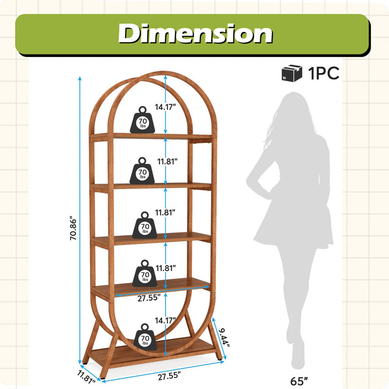 Versatile Display Rack,5-Tier Bookshelf,Compact Arched Bookcase