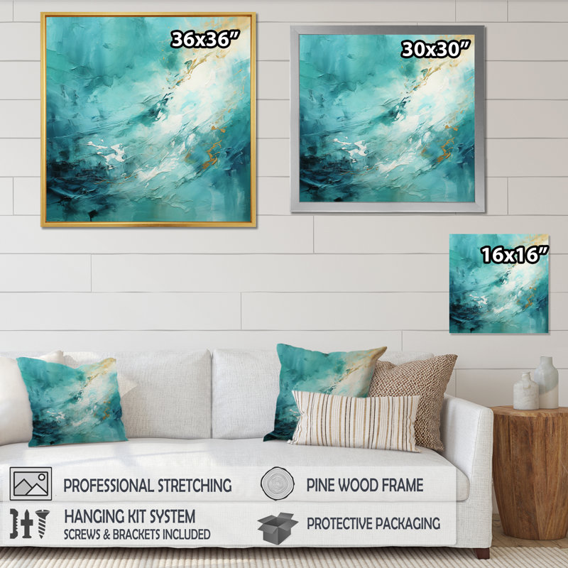 Turquoise Tranquillity VII - Abstract Landscape Wall Art Living Room, H 16 po x l 16 po x P 1 po, Cadre flottant noir