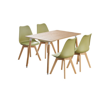 Stephenie 4 Person Dining set - a Rectangular Plastic Dining Table with Wooden Legs and a Set of 4 Faux Leather Cushion Padded Dining Chairs for Dining Room - Modern Dining Table Set