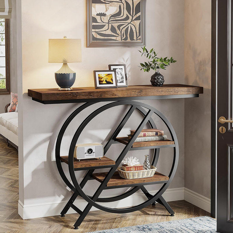 Console de 39,4 pouces à 4 niveaux avec cadre en métal et tablettes de rangement, décor brun rustique pour le salon et le couloir