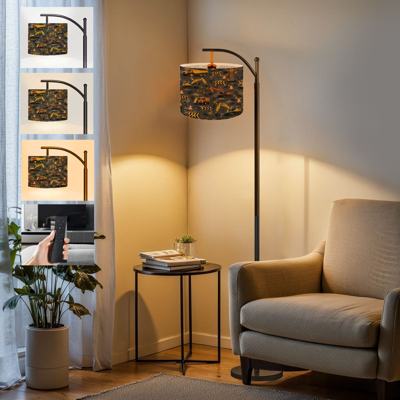  Arc Floor Lamp Construction Vehicles Equipment Yellow Cranes Dump Trucks Excavators Tall Modern Standing Lamp LED Adjustable Linen Lampshade 3 Color Temperatures