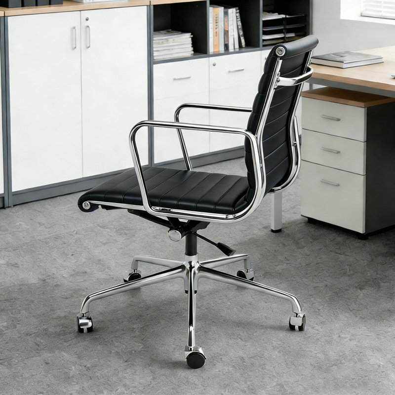 Mid Back Top-Gain Leather Office Chair With Arm And Aluminum Frame, Swivel Conference Desk Chair, Black