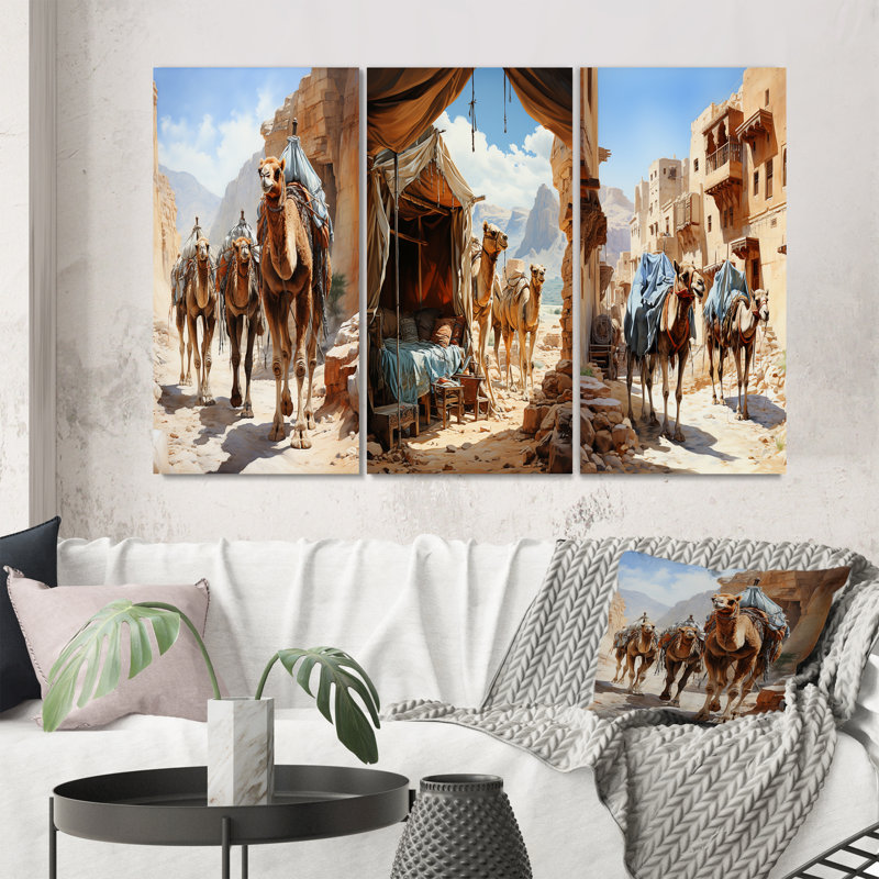 «Asian Art Silk Road», 3 pièces sur toile, H 20 po x l 36 po, Toile tendue