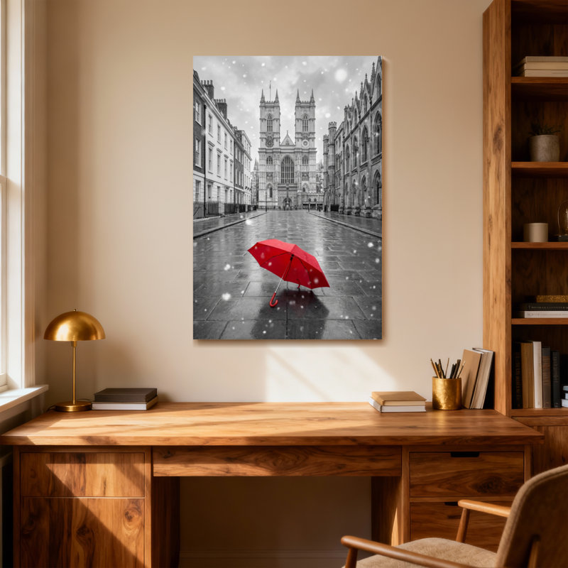 Scénique et paysage urbain parapluie rouge sur la rue enneigée avec la cathédrale, H 36 po x l 24 po