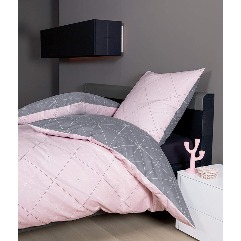 Geometric Shapes Duvet Cover Set with Pillowcases Included, Pink/Grey, 155 x 200 cm - 1 Pillowcase (80 x 80 cm)