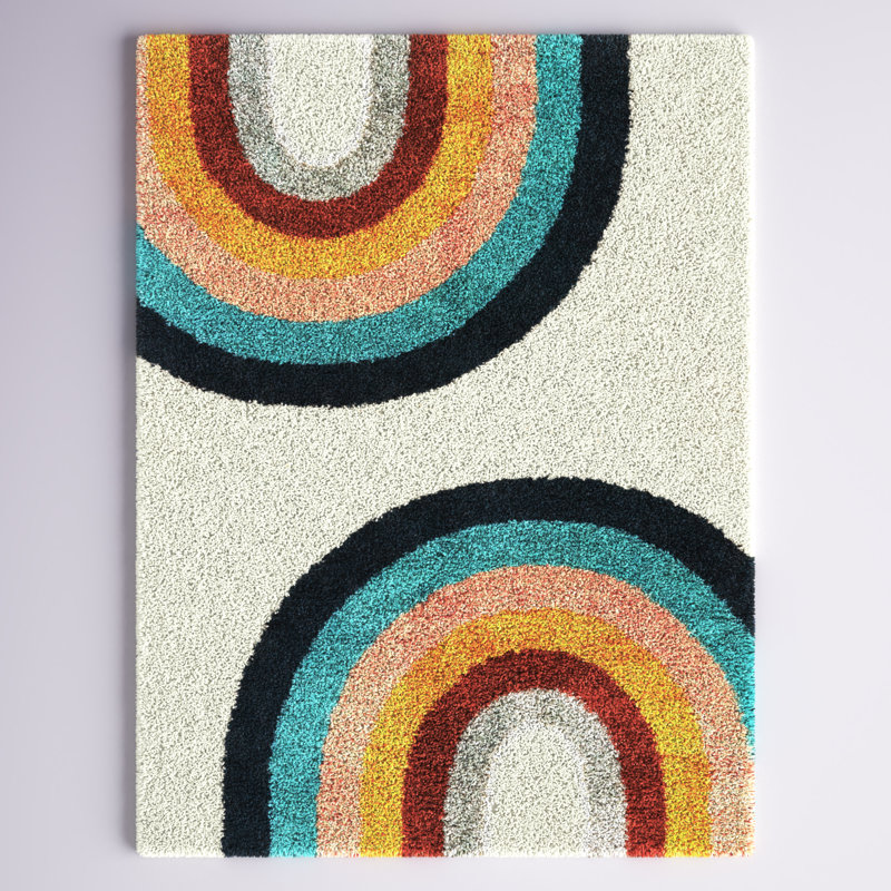 Colorful Rainbow Shag Kids Rug in Red and Cream, 5' x 7'