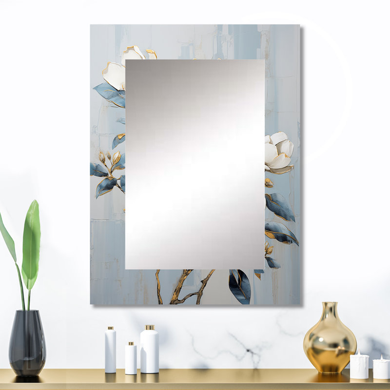 Minimalism White And Blue Magnolias Florescence I - WHITE Traditional Wall Mirror, 32" x 24"