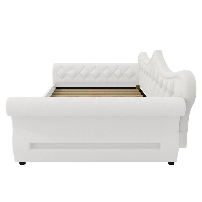 Queen Size Upholstered Daybed with LED Lighting and Nailhead Trim – Sofa to Bed Convertible, Beige, Beige