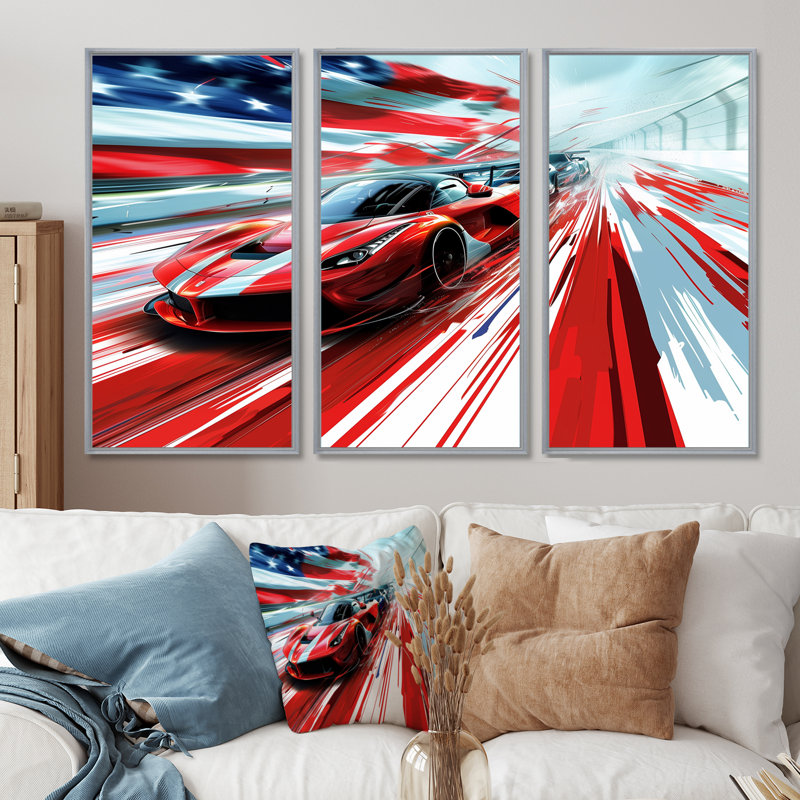 Ensemble de salon d'art américain American Car At The Race Track II - Race Tracks, Toile argentée avec cadre flottant