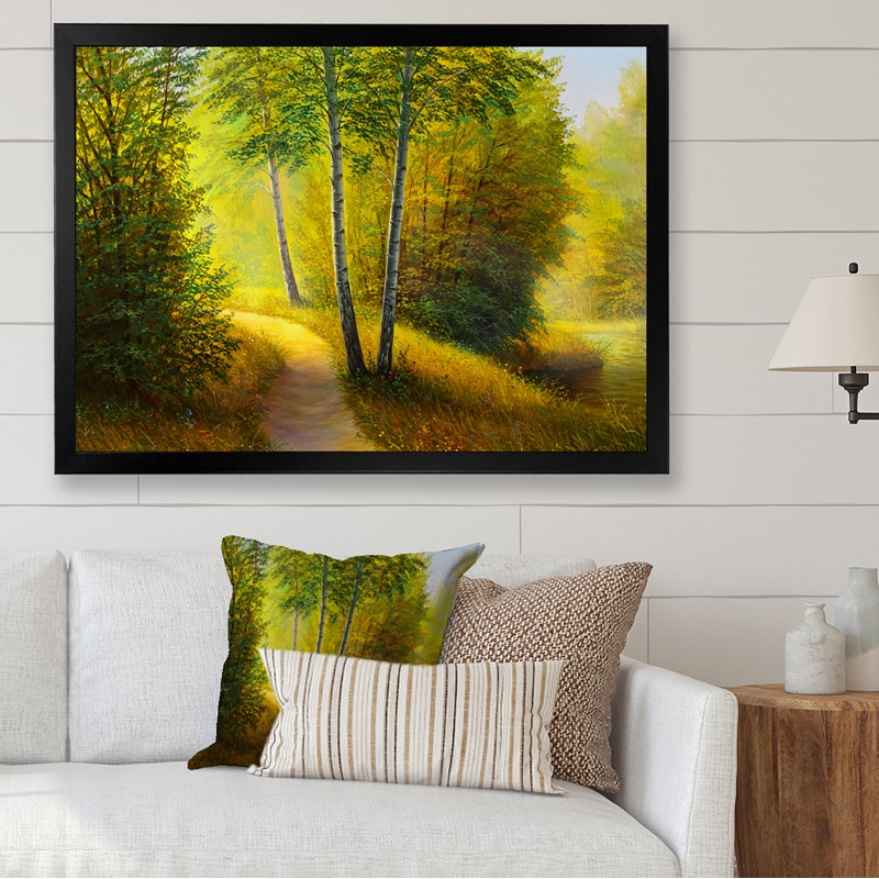 Rivière à travers une forêt de bouleaux - reproduction d'art sur toile traditionnelle, Cadre photo noir