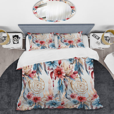 Pink And Blue Dreamcatchers Boho Pattern II Floral Duvet Cover