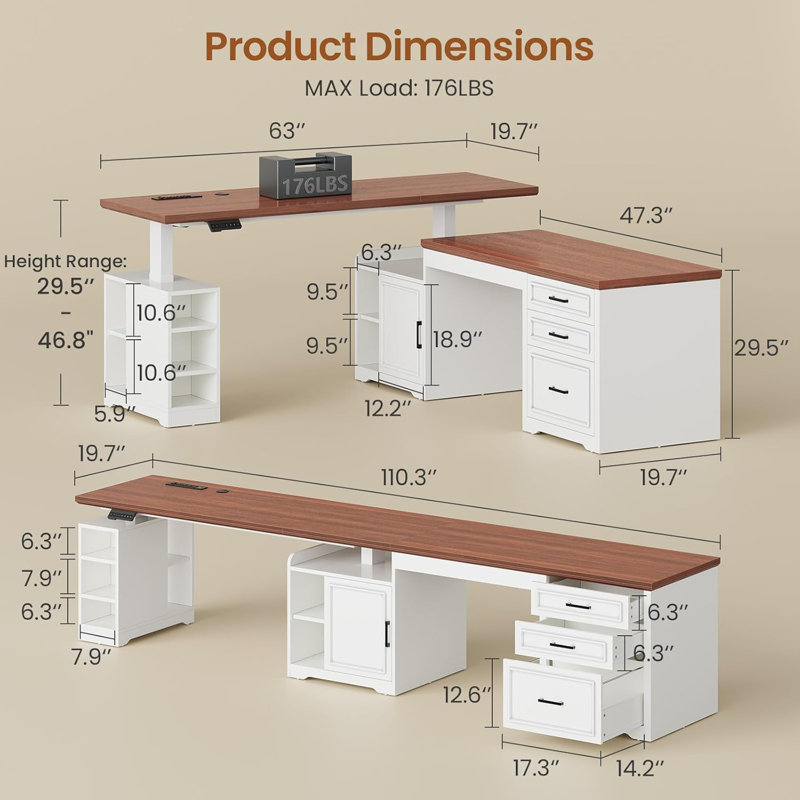 Farmhouse L Shaped Electric Standing Desk, White, Desktop Depth: 19.7"