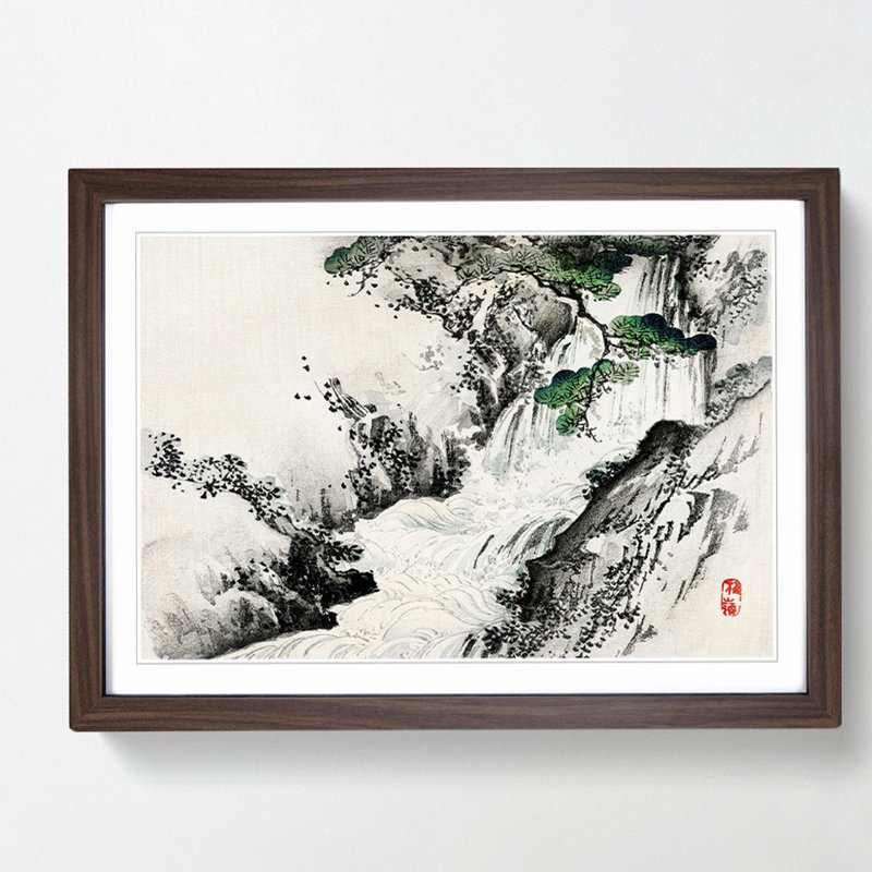 Waterfall by Kono Bairei - Picture Frame Art Print, 35cm H x 50cm W x 2cm D, Walnut