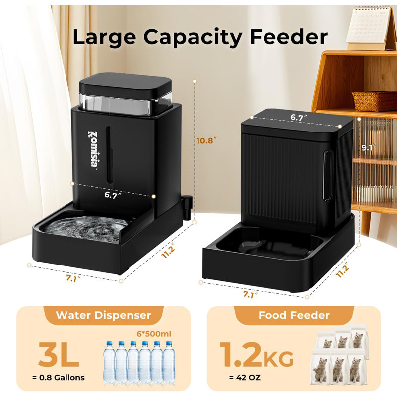 ZOMISIA Gravity Cat Feeder & Water Dispenser 2-in-1 - Large 0.8 Gallon Auto Feeder For Cats, Dogs, Puppies - No Electricity Needed, 180° Rotatable - Black (2 Pack)