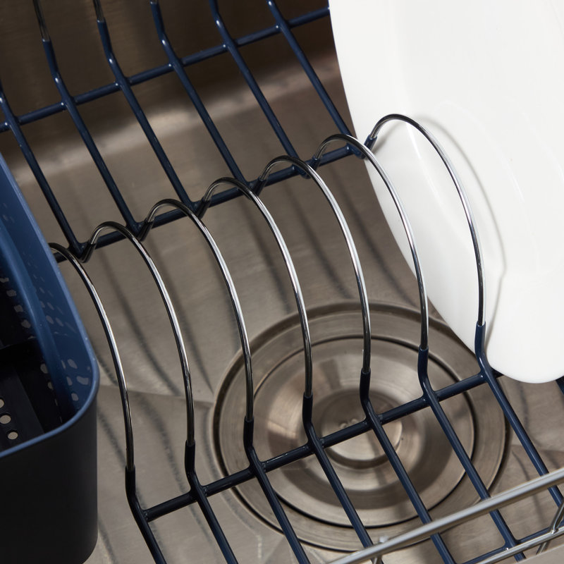 Chrome Plated Steel 2-Piece Compact Dish Drainer with Utensil Caddy, Navy