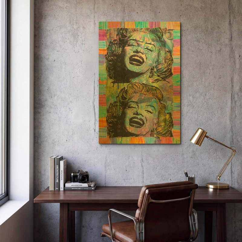 «Two Marilyns» par Dean Russo, art mural en métal doré, 24 po x 36 po, 24 po x 36 po