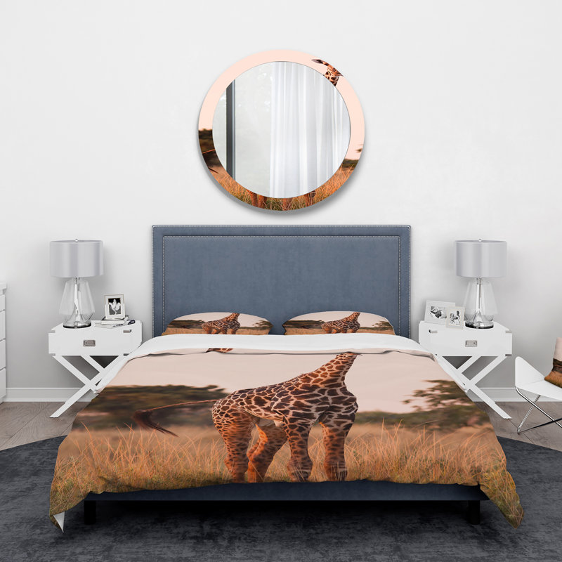 «African Giraffe In The Wild I» - Ensemble de housse de couette Farmhouse - Microfibre de polyester