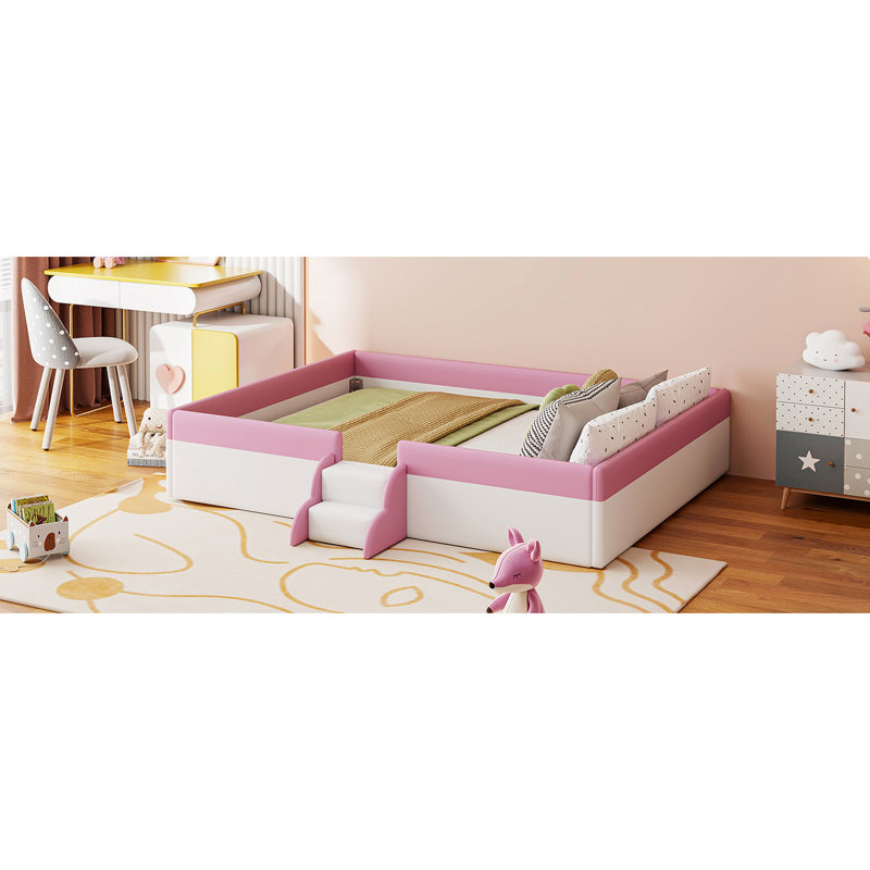 Très grande base de lit tapissier très grand avec clôture et escalier, combinaison rose et blanc, tissu éponge confortable, 10 lattes pour un soutien à long terme, installation simple et durable, facile à assembler