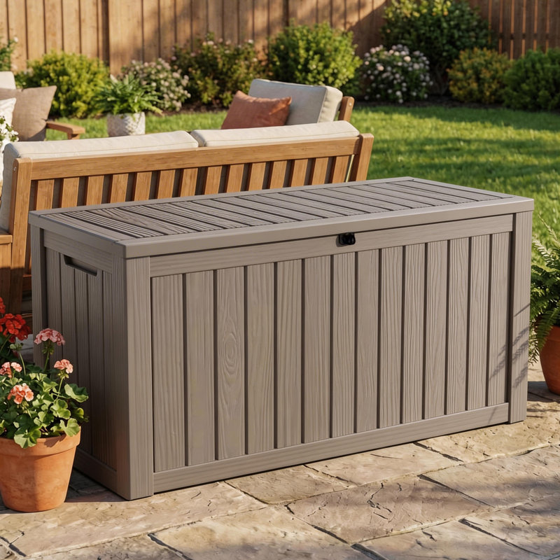 Coffre de rangement en résine 150 gallons - Banc de rangement extérieur verrouillable et imperméable, Gris