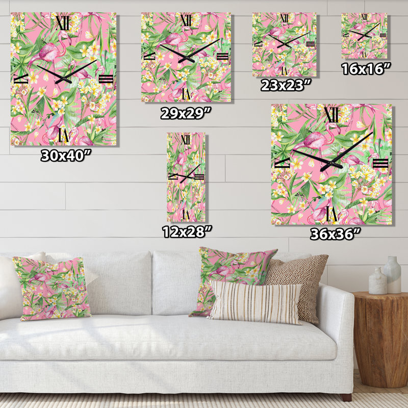Horloge murale Fleurs avec flamant III, Moyen