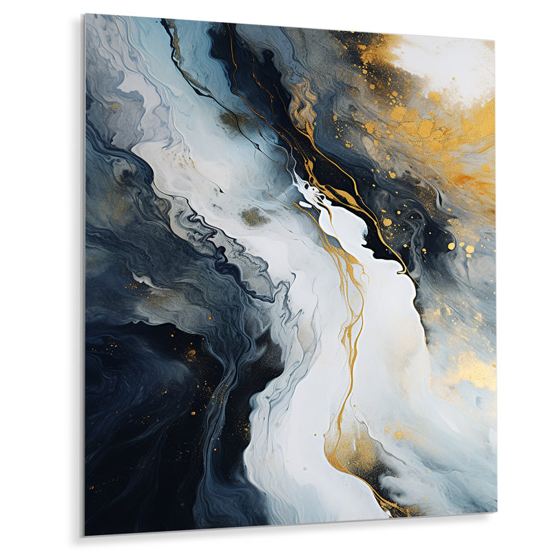 Or et bleu, peinture abstraite sur marbre III - décoration murale en marbre, H 32 po x l 24 po x P 1 po