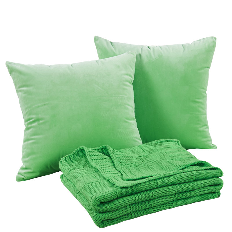 Green Knitted Throw Blanket and Pillow Cover Set